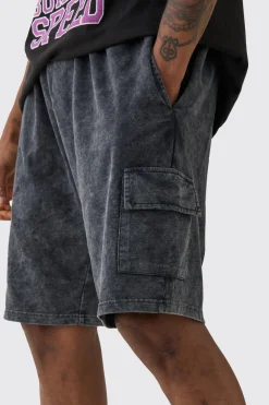Tall Washed Relaxed Jersey Cargo Shorts | BoohooMAN UK