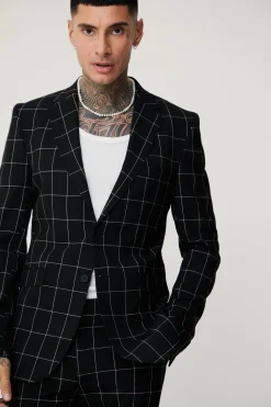 Tall Window Pane Check Skinny Fit Blazer | BoohooMAN UK