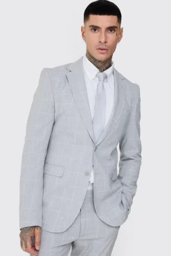 Tall Window Pane Check Skinny Fit Blazer | BoohooMAN UK