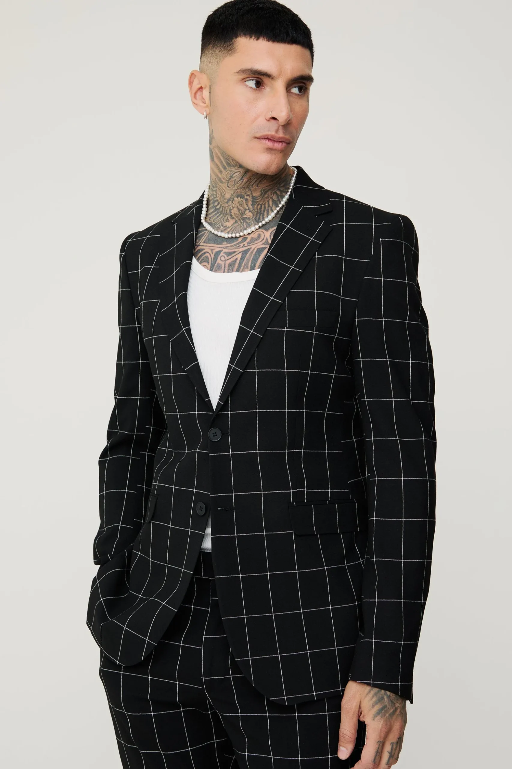 Tall Window Pane Check Skinny Fit Suit | BoohooMAN UK