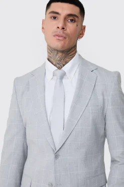 Tall Window Pane Check Skinny Fit Suit In Light Grey | BoohooMAN UK