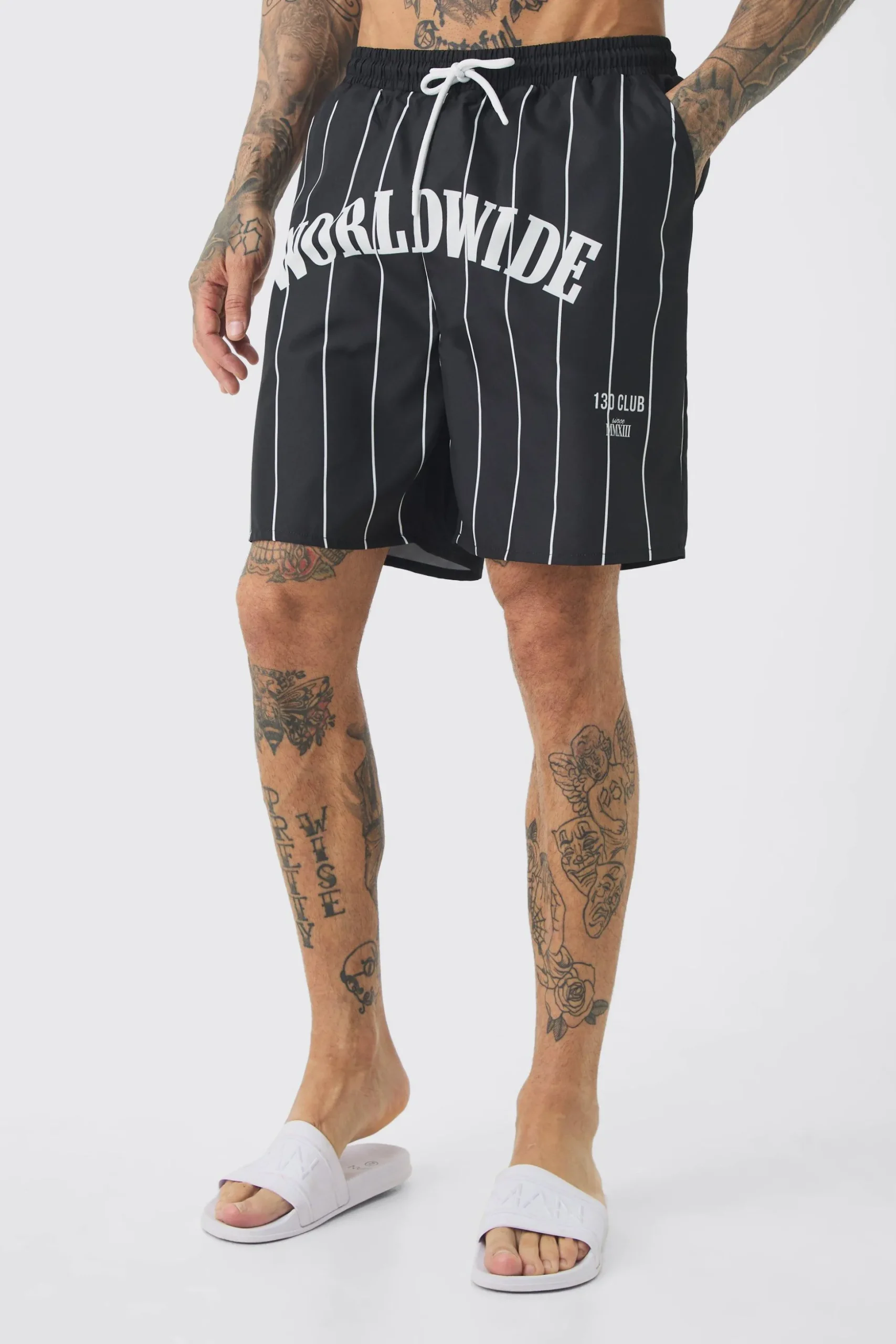 Tall Worldwide Crotch Printed Stripe Swim Shorts | BoohooMAN UK