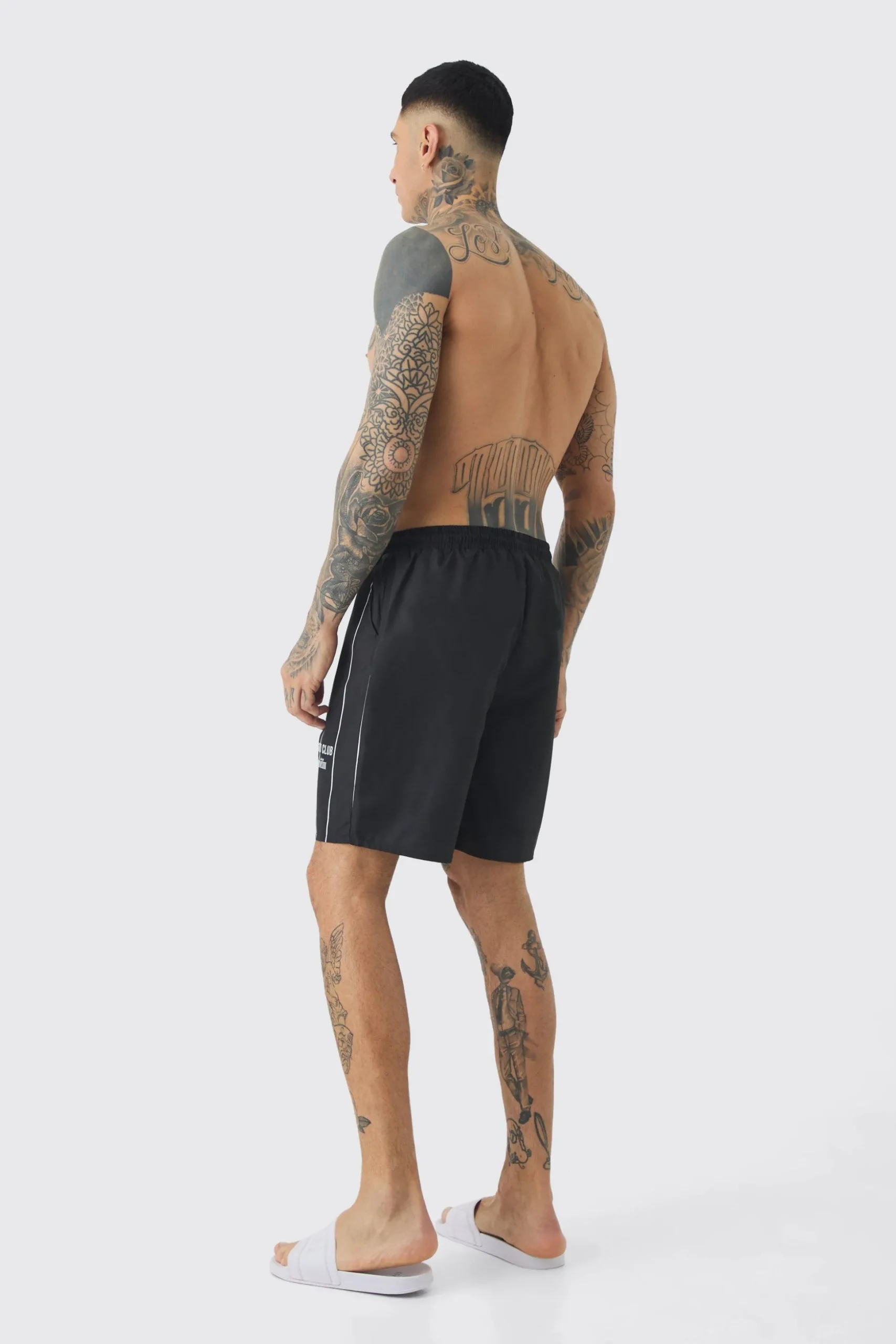 Tall Worldwide Crotch Printed Stripe Swim Shorts | BoohooMAN UK