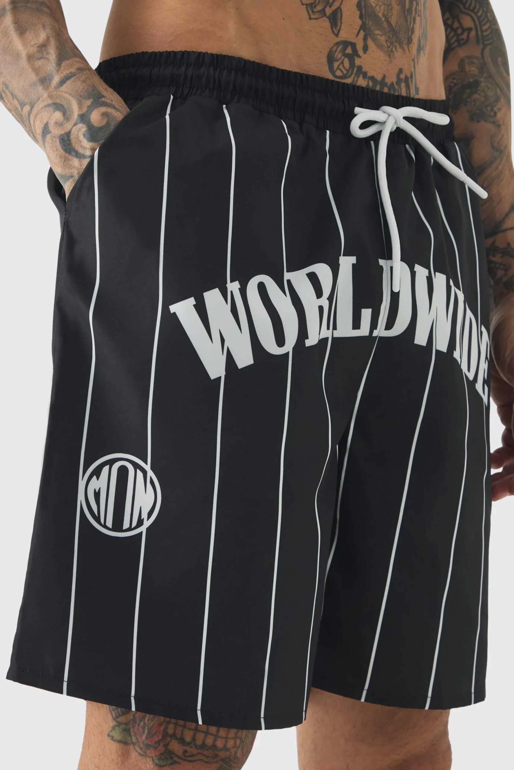 Tall Worldwide Crotch Printed Stripe Swim Shorts | BoohooMAN UK