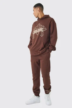 Tall Worldwide Gothic Cross Hoodie & Relaxed Fit Jogger Tracksuit | BoohooMAN UK