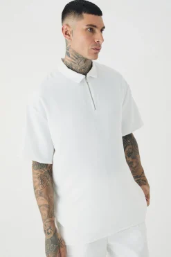 Tall Zip Up Linen Polo In White | BoohooMAN UK