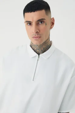Tall Zip Up Linen Polo In White | BoohooMAN UK