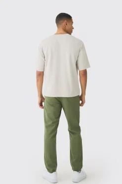 Tapered Chinos With Drawcords In Khaki | BoohooMAN UK