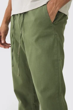 Tapered Chinos With Drawcords In Khaki | BoohooMAN UK
