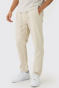 Tapered Chinos With Drawcords In Stone | BoohooMAN UK