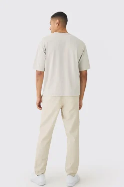 Tapered Chinos With Drawcords In Stone | BoohooMAN UK