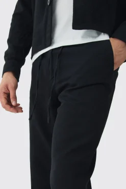 Tapered Chinos With Drawcords In Black | BoohooMAN UK
