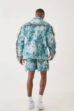 Tapestry Frayed Relaxed Fit Shorts | BoohooMAN UK