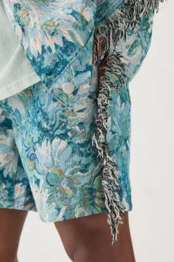 Tapestry Frayed Relaxed Fit Shorts | BoohooMAN UK