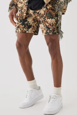 Tapestry Frayed Relaxed Fit Shorts | BoohooMAN UK