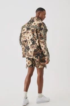 Tapestry Frayed Relaxed Fit Shorts | BoohooMAN UK