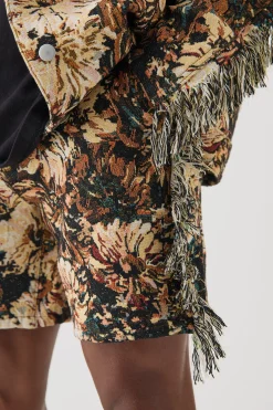 Tapestry Frayed Relaxed Fit Shorts | BoohooMAN UK