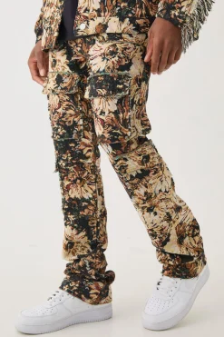 Tapestry Stacked Flared Cargo Trousers | BoohooMAN UK