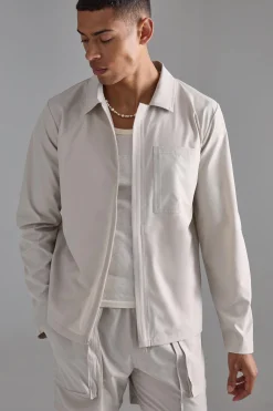 Technical Stretch Concealed Placket Smart Harrington | BoohooMAN UK