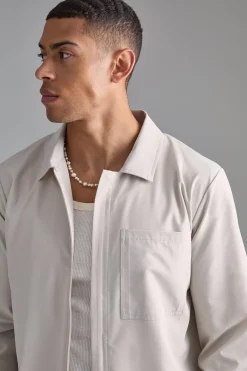 Technical Stretch Concealed Placket Smart Harrington | BoohooMAN UK