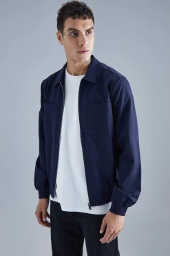 Technical Stretch Harrington With Patch Pockets | BoohooMAN UK