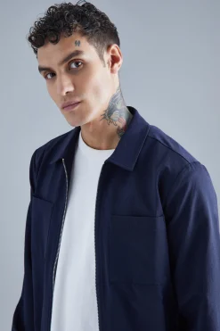 Technical Stretch Harrington With Patch Pockets | BoohooMAN UK