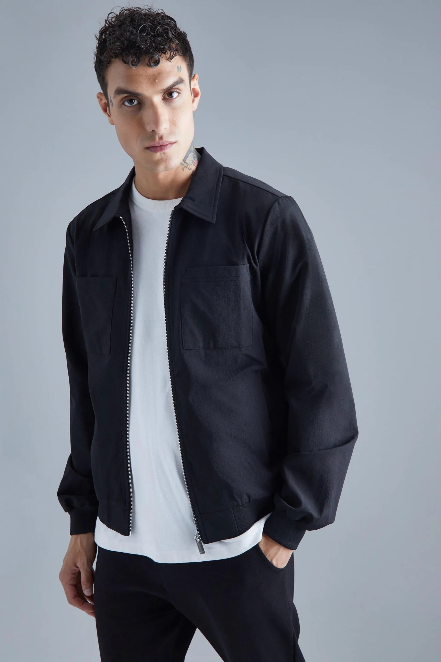 Technical Stretch Harrington With Patch Pockets | BoohooMAN UK