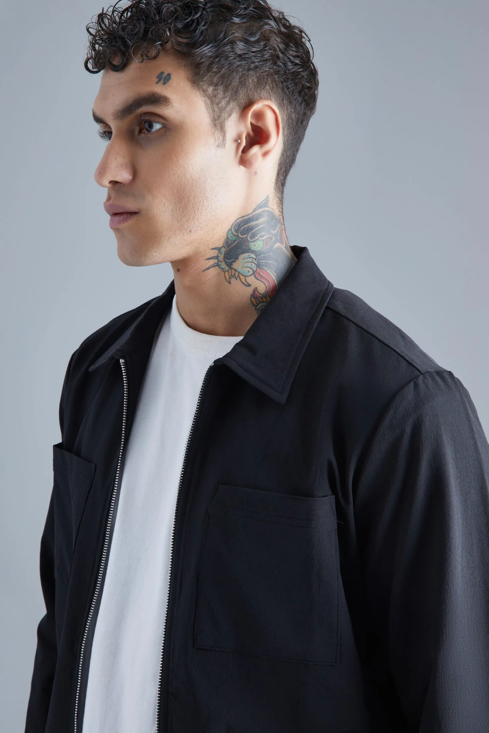 Technical Stretch Harrington With Patch Pockets | BoohooMAN UK