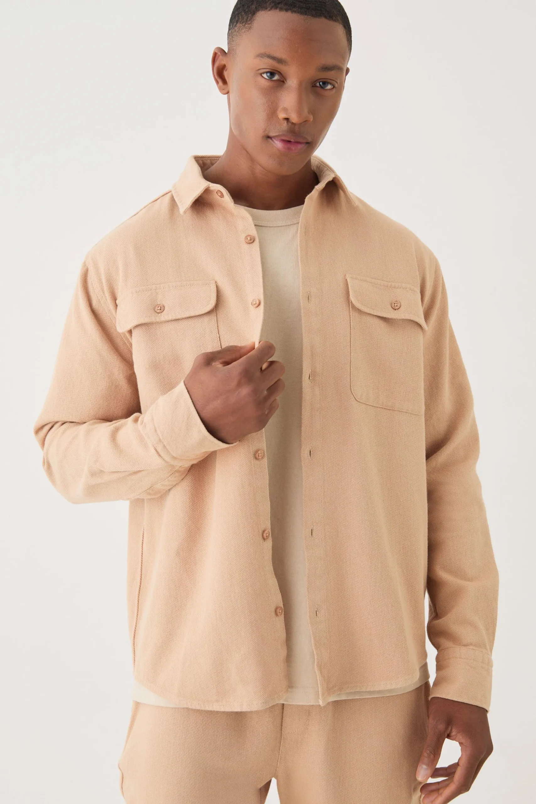 Textured Button Through Overshirt | BoohooMAN UK