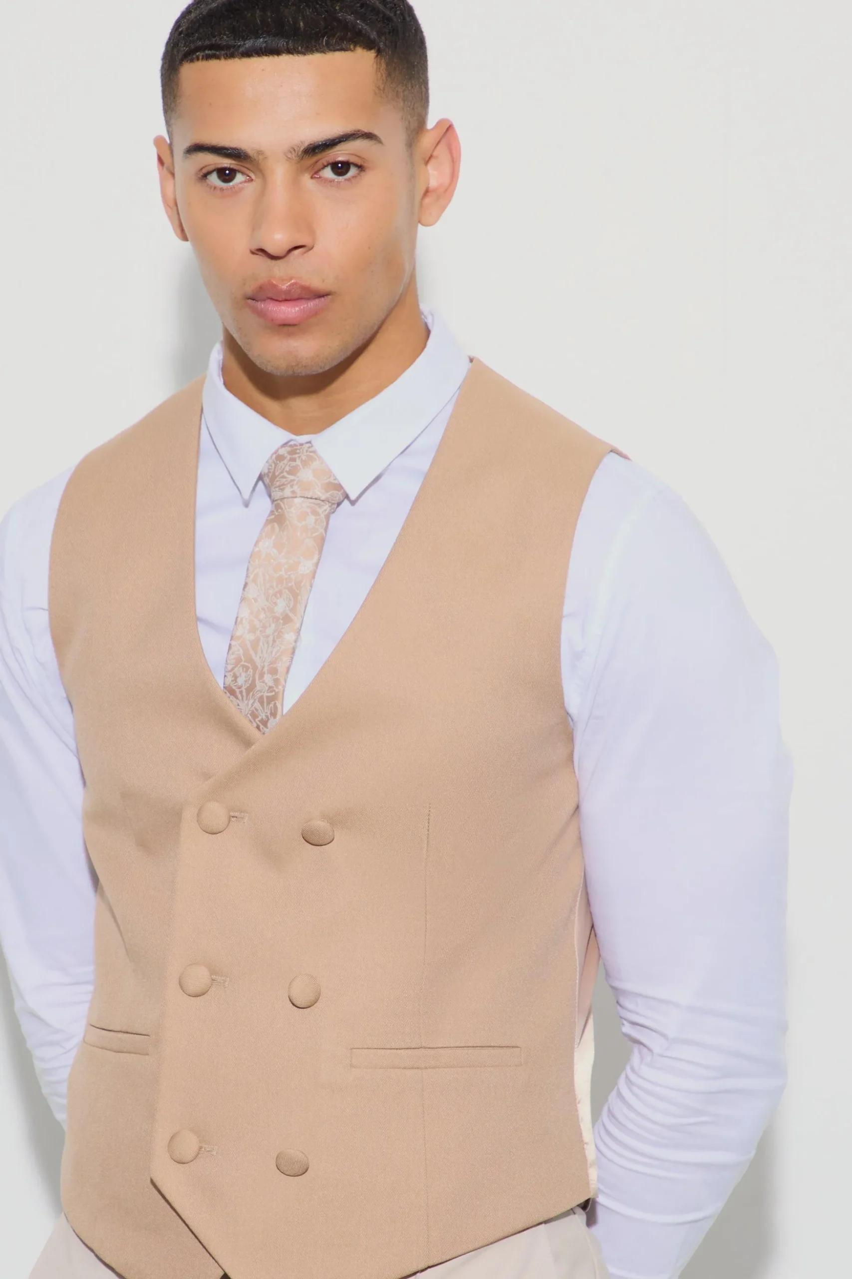 Textured Double Breasted Waistcoat | BoohooMAN UK