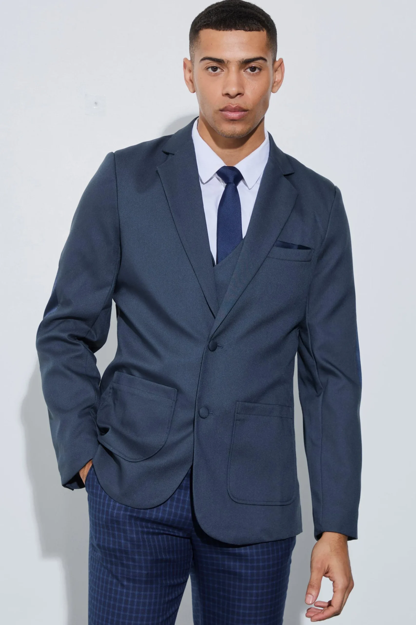 Textured Elbow Patch Slim Fit Blazer & Waistcoat | BoohooMAN UK