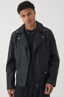 Textured PU Biker Jacket In Black | BoohooMAN UK