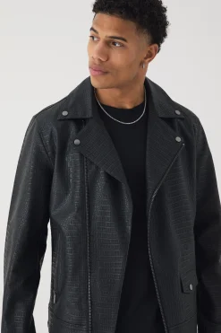 Textured PU Biker Jacket In Black | BoohooMAN UK
