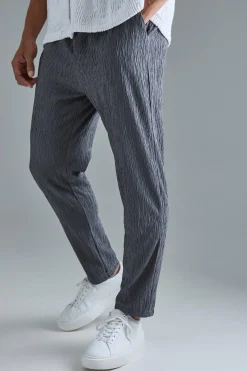 Textured Satin Elasticated Waist Tapered Trousers | BoohooMAN UK