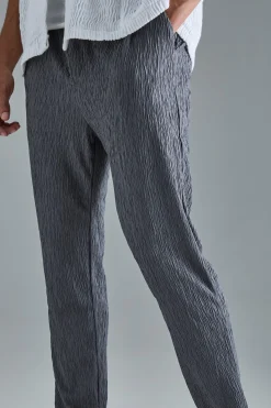 Textured Satin Elasticated Waist Tapered Trousers | BoohooMAN UK