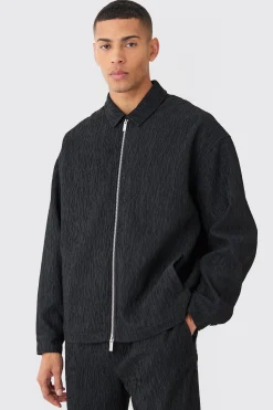 Textured Satin Zip Up Harrington Jacket | BoohooMAN UK