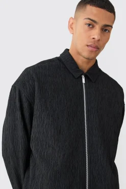 Textured Satin Zip Up Harrington Jacket | BoohooMAN UK