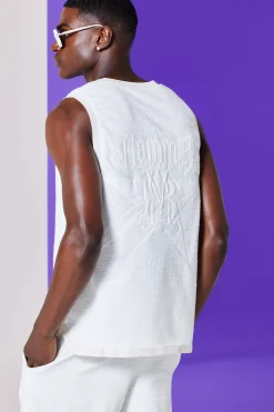 Textured Star Embroidered V Neck Basketball Vest | BoohooMAN UK