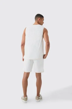 Textured Star Embroidered V Neck Basketball Vest | BoohooMAN UK