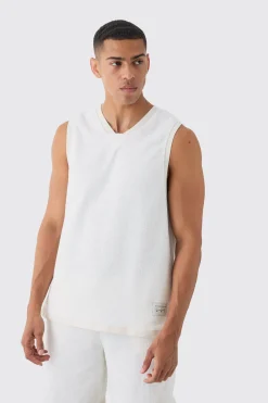Textured Star Embroidered V Neck Basketball Vest | BoohooMAN UK