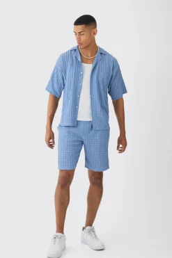 Textured Stripe Revere Shirt & Short Set | BoohooMAN UK