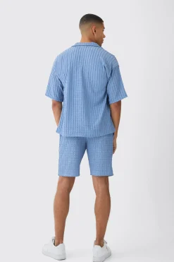 Textured Stripe Revere Shirt & Short Set | BoohooMAN UK