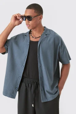 Textured Washed Dropped Shoulder Revere Shirt | BoohooMAN UK