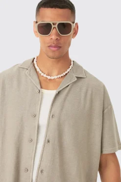 Textured Washed Dropped Shoulder Revere Shirt | BoohooMAN UK