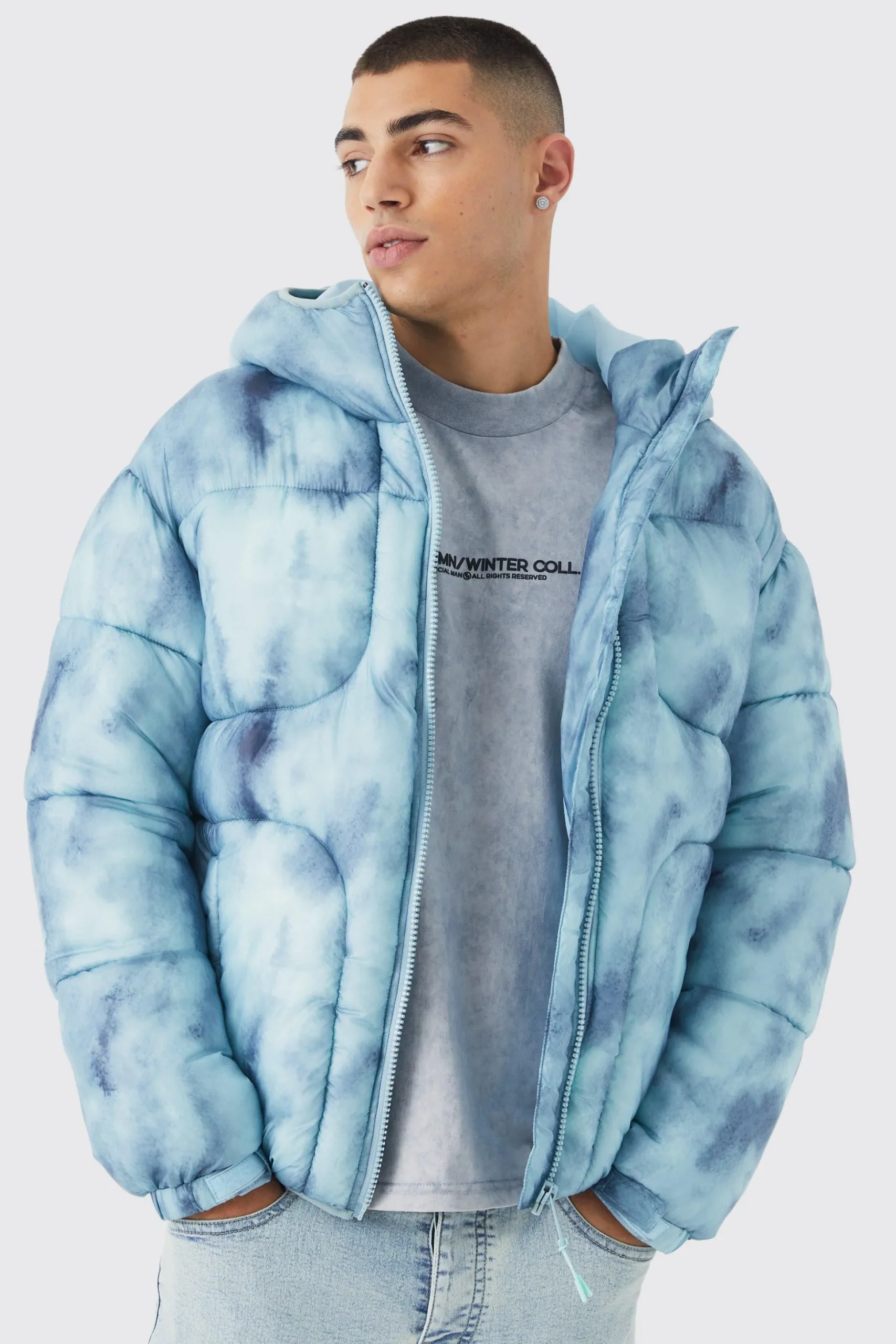 Tie Dye Quilted Puffer With Hood | BoohooMAN UK