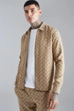 Tonal Geo Smart Zip Overshirt | BoohooMAN UK