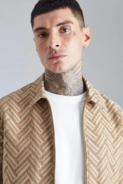 Tonal Geo Smart Zip Overshirt | BoohooMAN UK