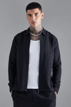 Tonal Geo Smart Zip Overshirt | BoohooMAN UK