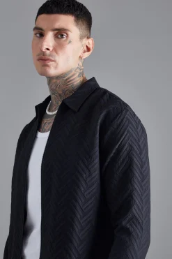 Tonal Geo Smart Zip Overshirt | BoohooMAN UK