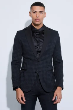 Tonal Houndstooth Single Breasted Jacket | BoohooMAN UK